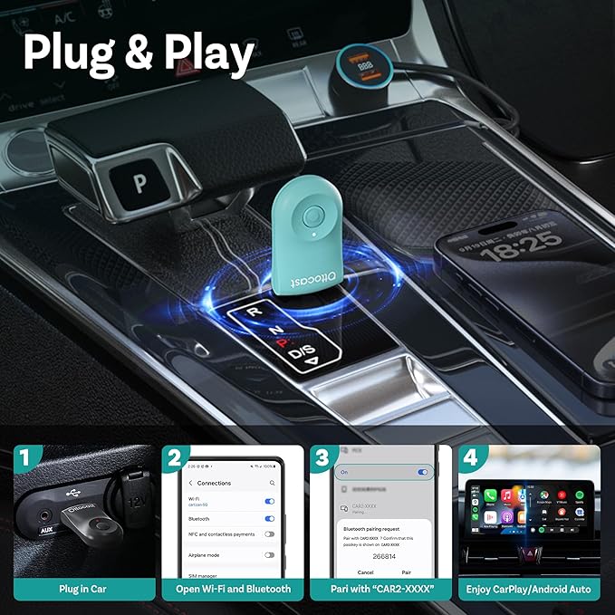 OTTOCAST Mini 2025 Wireless CarPlay & Android Auto 2-in-1 Adapter, Fast Stable Connection, Plug & Play for iPhone & Android Devices