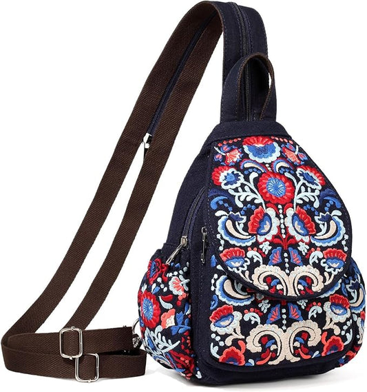 SILKAREA Vintage Embroidered Floral Ethnic Backpack for Women Handbag Shoulder Bag Mini Travel Purse (Embroidered Blue)