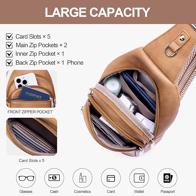 Anti Theft Crossbody Bags for Women Travel Chest Sling Bag Leather RFID Purse Fanny Pack Camel