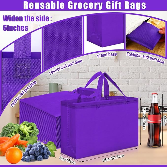 Windyun Reusable Grocery Bags Large Non Woven Shopping Bags with Handles Foldable Portable Tote Bulk, 16x6x12 Inch