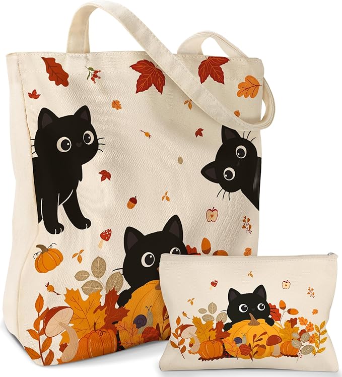 2 Pack Canvas Tote Bag - with Makeup Pouch Aesthetic Cute Women Reusable Canvas Bag for Shopping, Work, Travel