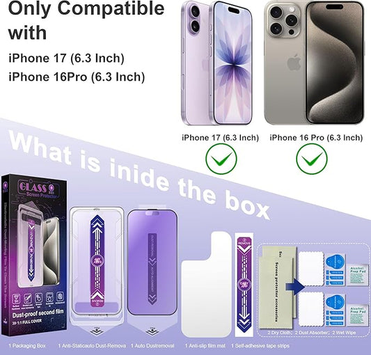 2 Pack Anti Blue Light Matte Screen Protector for iPhone 17&16 Pro 6.3-Inch Auto Dust Removal, No Bubbles, Tempered Glass Film, Easy Installation