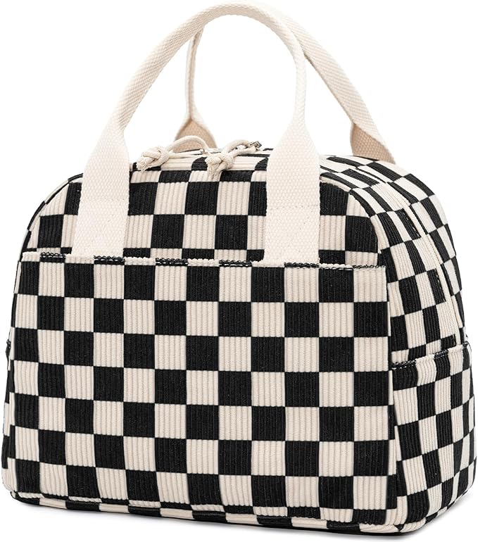 Insulated Black Checkered Lunch Bag for Women, Stylish Corduroy Tote with Aluminum Lining, Large Capacity Reusable Cooler for Work, Travel, or Beach, Beige Cream Water-Resistant Lunch Box