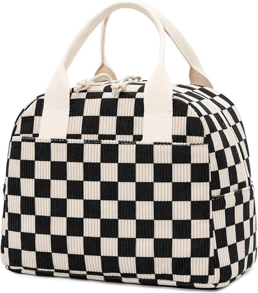 Insulated Black Checkered Lunch Bag for Women, Stylish Corduroy Tote with Aluminum Lining, Large Capacity Reusable Cooler for Work, Travel, or Beach, Beige Cream Water-Resistant Lunch Box