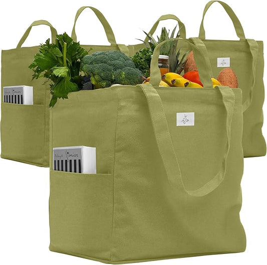 Nook Theory 3 Pcs Reusable Grocery Bags - Heavy Duty Canvas Bags, Large Reusable Shopping Bag, Picnic, 100% Cotton (Sage)