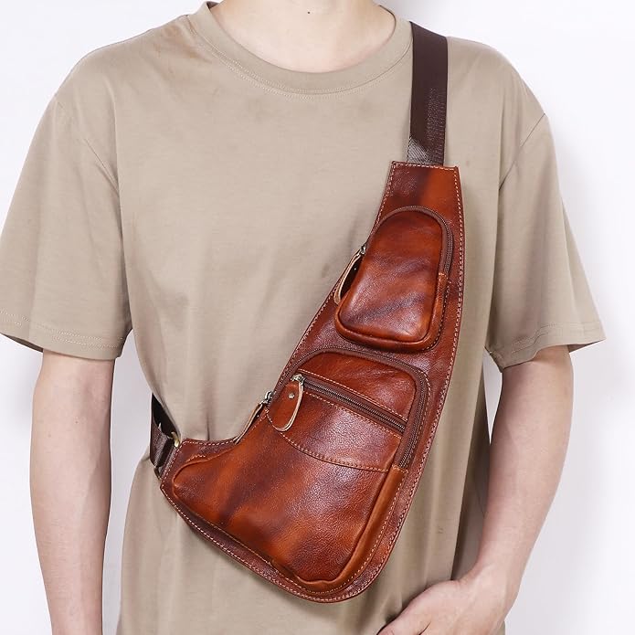 Genuine Leather Sling Bag for Men Women Backpack Chest Shoulder Satchel Crossbody Bags Casual Outdoor Daypack