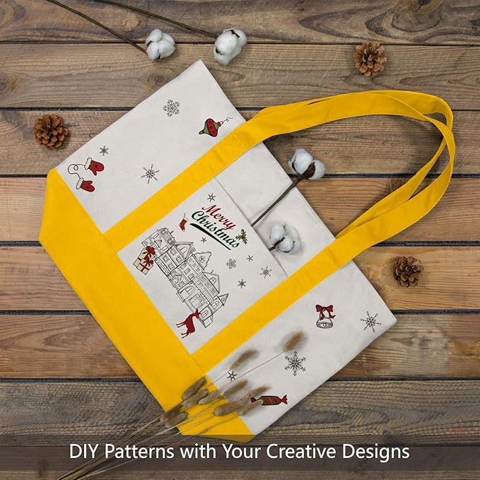 TOPDesign 6-Pack Canvas Tote Bags with an External Pocket, Reusable Grocery Shopping Bags, Top Zipper Closure, Daily Essentials (Yellow/Natural)