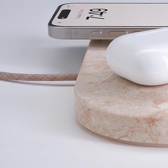 Einova Dual Classic Stone – Dual Wireless Charging Pad in Genuine Marble, Designed in Italy, Qi Certified, for Smartphones, Wireless Earbuds & More – Cream Marble