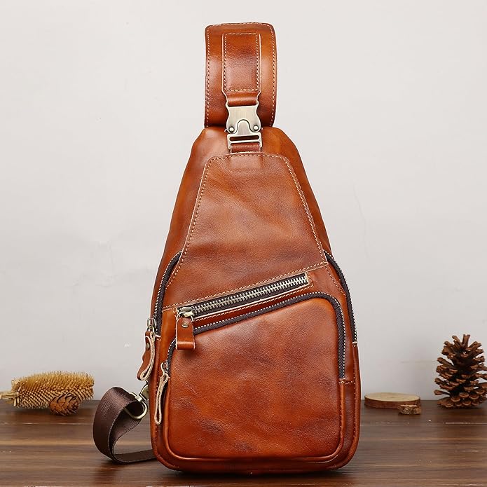 Genuine Leather Sling Bag for Men Women Backpack Chest Shoulder Satchel Crossbody Bags Casual Outdoor Daypack