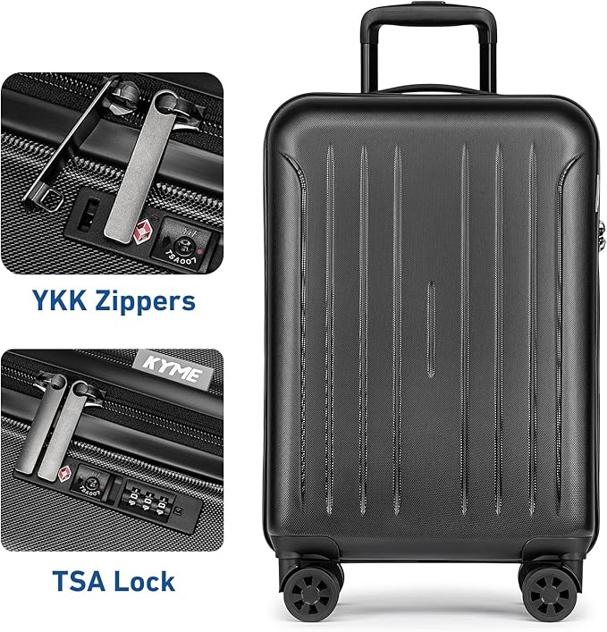 KYME Suitcase Hardshell With Double Spinner Wheels, PC+ABS TSA Lock Travel Luggage (Black, 20" Carry On)