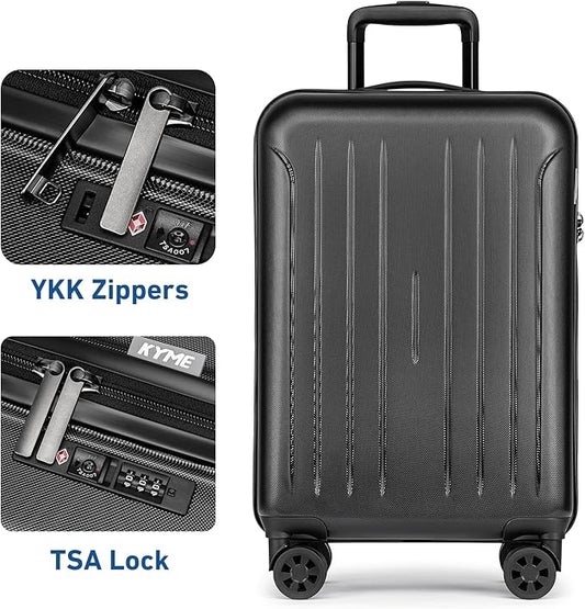 KYME Suitcase Hardshell With Double Spinner Wheels, PC+ABS TSA Lock Travel Luggage (Black, 20" Carry On)