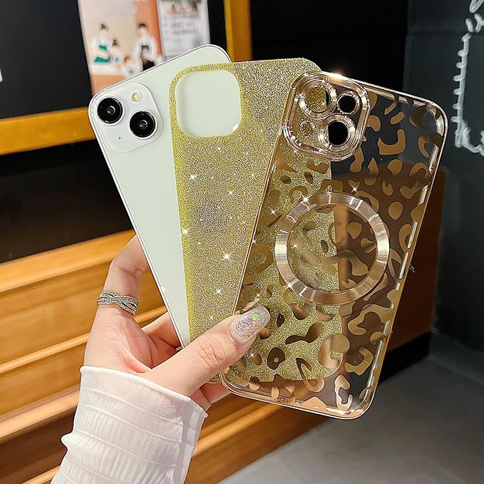 for iPhone 15 Case Magnetic,Soft Cute Luxury Leopard Cheetah Pattern Plating Glitter Bling Phone Case Compatible with MagSafe Clear Shockproof Back Cover for Women Girl 6.1"-Gold