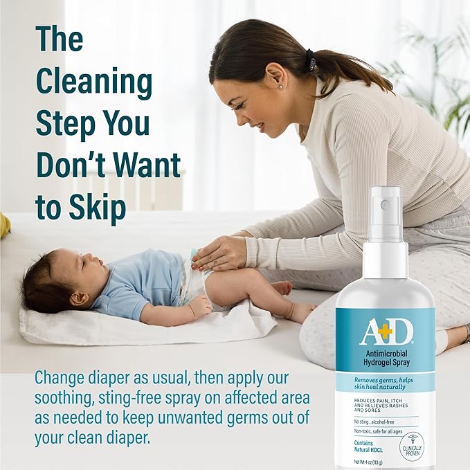 A+D Antimicrobial Hydrogel Spray – with Hypochlorous Acid, Removes Germs, Helps Heal Rashes & Irritations, Reduces Itch & Pain, Alcohol-Free, Non-Sting Formula, Safe for All Ages, 4oz