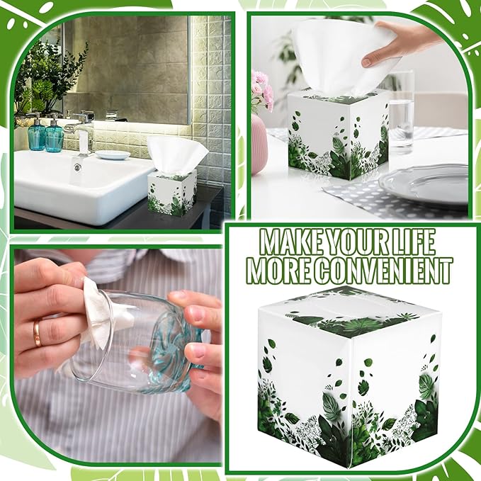 12 Pack Summer Green Tropical Leaves Facial Tissues Cube Boxes 600 Sheets 3 Ply Small Square Face Tissues Bulk for Summer Car Bedroom Supplies