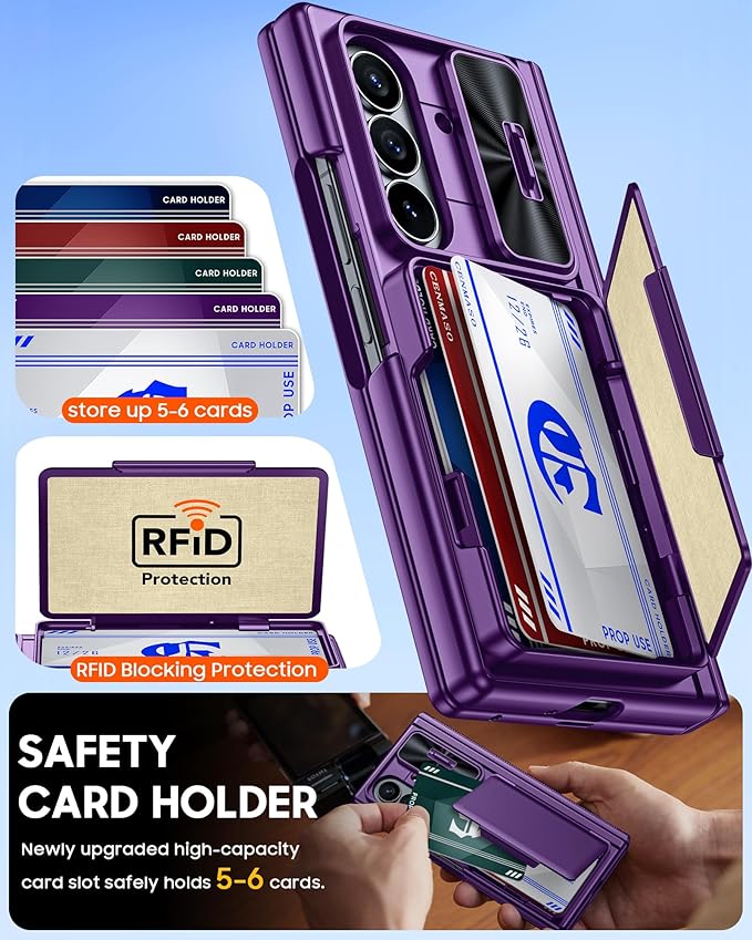CENMASO for Samsung Galaxy Z Fold 7 Case with Card Holder [RFID Blocking] Camera Cover, Hinge Protection, Hidden Kickstand, Screen Protector, Slim Shockproof Phone Case for Galaxy Z Fold 7-Purple