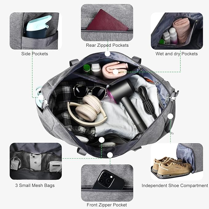 For Spirit Airlines Personal Item Bag 18x14x8, Foldable Small Travel Duffel Bags Gym Duffle Weekender Overnight Carry on Luggage Bag with Wet Pocket & Shoe Compartment for Women Men(Grey, 30L)