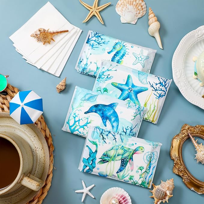 PerKoop 100 Pack Pocket Tissues Travel Slim Packs Small Facial Tissues Wallet Size Toilet Paper for Travel Guest Wedding Supplies, 4 Styles (Sea Animal)