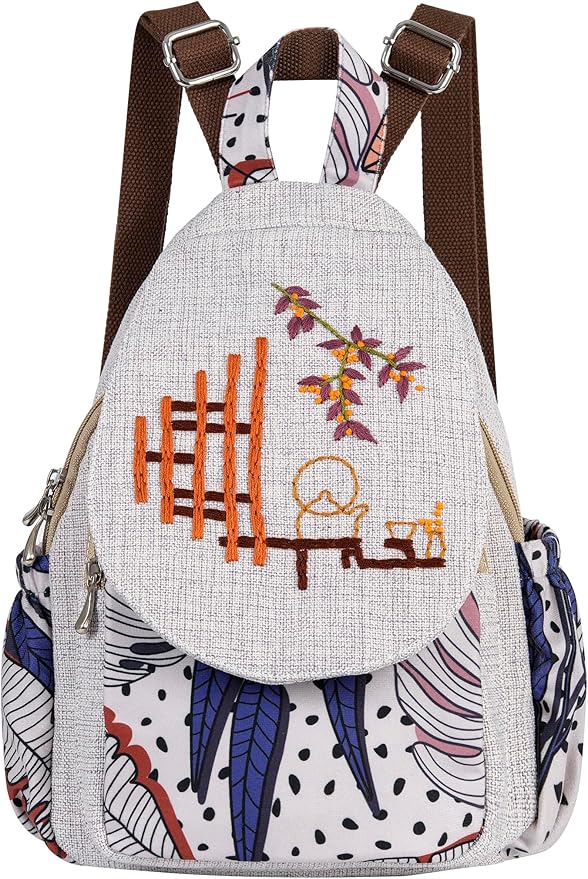 HUANGGUOSHU Women Cotton Woven Bohemian Hemp Boho Canvas Embroidery Multi Pocket Retro Cute Backpack Wallet Backpack Beans
