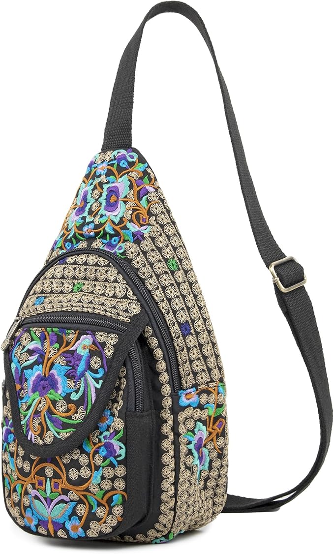 SILKAREA Vintage Embroidered Bohemian Small Sling Bag for Women Crossbody Rope Sling Backpack Purse Shoulder Bag