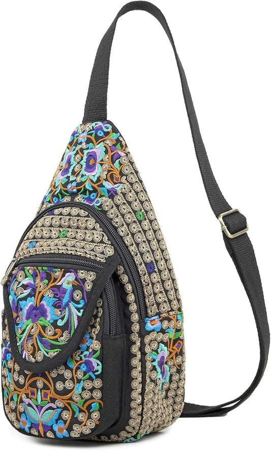 SILKAREA Vintage Embroidered Bohemian Small Sling Bag for Women Crossbody Rope Sling Backpack Purse Shoulder Bag