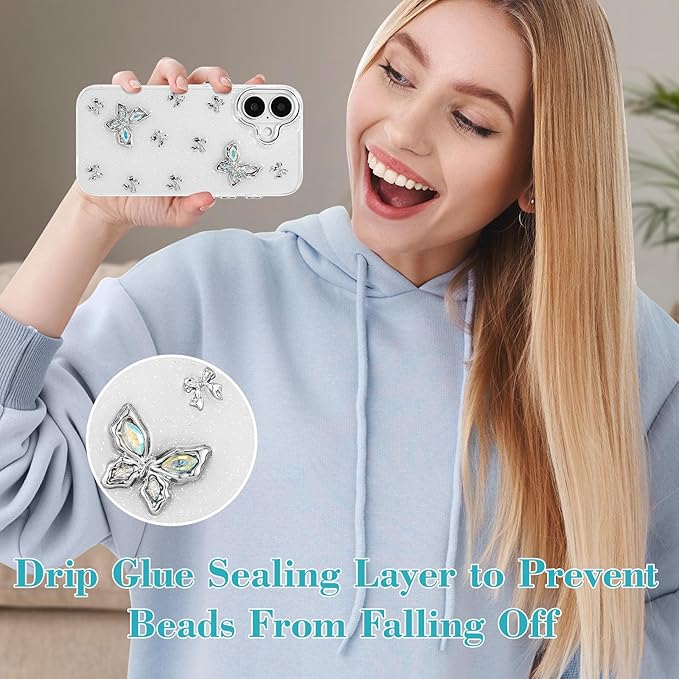 EYZUTAK Case for iPhone 17, Bling Glitter 3D Butterflies Bowknot Phone Case Cute Crystal Clear Bow Aesthetic Cover Slim Soft Durable TPU Transparent Protective Cover for Women Girls - Butterfly
