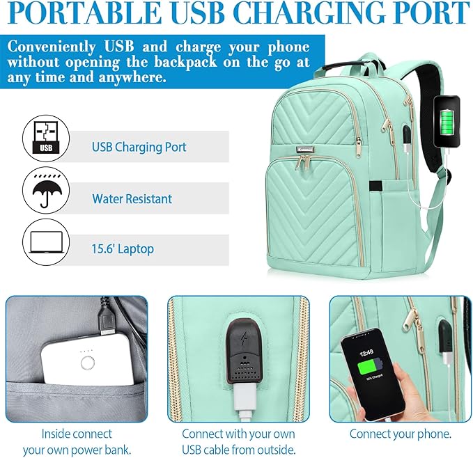 Backpack for Men Women, School Backpack for Boys Girls, 15.6 Inch Quilted Laptop Backpack with USB Charging Port, Large High School Bookbags for Teens, Teal