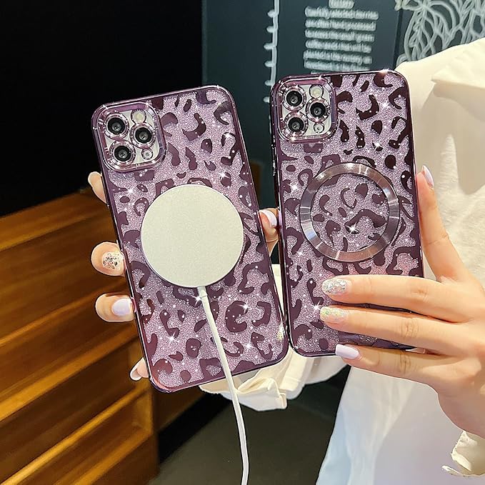 for iPhone 11 Pro Max Case Magnetic,Soft Cute Luxury Leopard Cheetah Pattern Plating Glitter Bling Phone Case Compatible with MagSafe Clear Shockproof Back Cover for Women Girl 6.5"-Purple