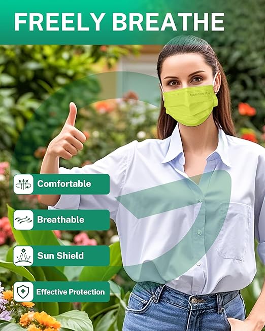 Disposable Face Masks Made in USA, 4 Ply for Families, Students, Breathable All-Day Wear & Safety, FSA HSA Eligible, ASTM Level 3 Medical Grade, 50 Pack, Green
