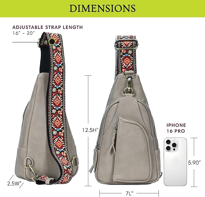 Antik Kraft Tasha Webbing Strap Sling (Taupe) | Vegan Leather Crossbody Bag for Women with 16-20" Strap | Sling Bags for Women with Durable Antique Brass Hardware | 7in x 2.5in x 12.5in |