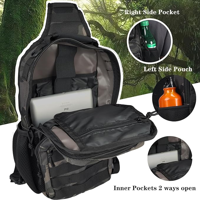 Tactical Shoulder Sling Bag, Small Chest Pack, 13L Backpack for Men Outdoor Sports, Black Camo