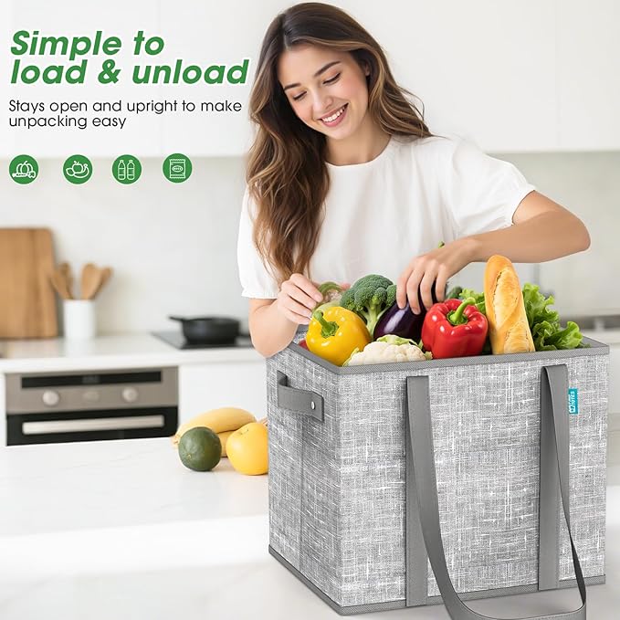 Fab totes Reusable Grocery Bags, Large Foldable Shopping Tote Bags with Reinforced Handles & Hard Bottom,Water Resistant Grocery Bags for kitchen,Picnic,8 Pack, Grey