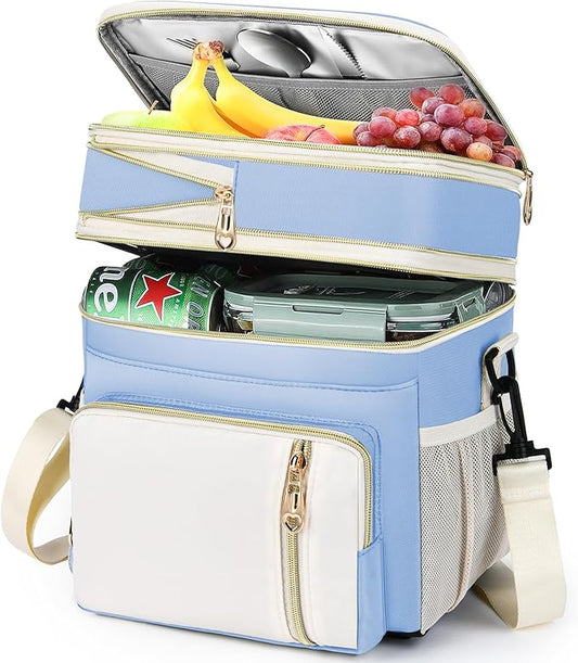 LOKASS Lunch Box for Women, 16L, Double Deck Expandable Insulated Lunch box For Adults/Women Thermal Large Waterproof Leakproof Cooler Bag with Shoulder Strap - Sky Blue