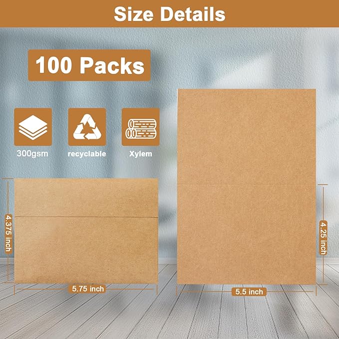 100 Packs Brown Blank Greeting Cards and Envelopes 4.25 x 5.5 Heavyweight Folded Cardstock and Printable A2 Envelopes Self Seal for Invitations, Wedding, Thank You Cards, Mailing