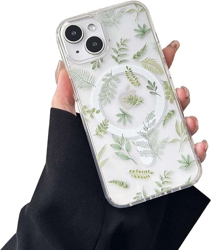 ZTOFERA for iPhone 15 Magnetic Case Compatible with Magsafe,Aesthetic Floral Pattern Design Cute for Girl Women,Anti-Drop Protective Hard Phone Cover for iPhone 15-Green Leaf
