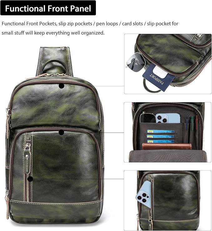 LANNSYNE Full Grain Leather Sling Bag For Men, Crossbody Bag fits 12.9" iPad Crossbody Chest Daypack