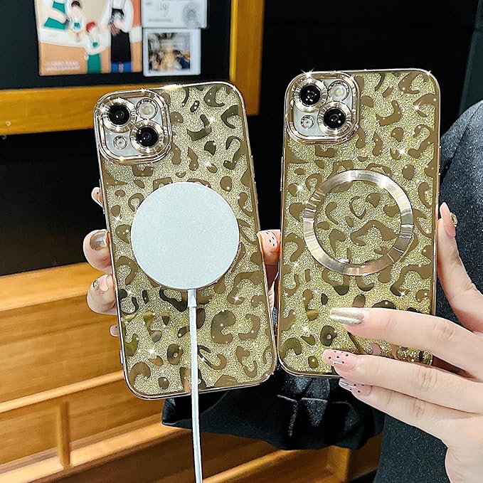 for iPhone 15 Case Magnetic,Soft Cute Luxury Leopard Cheetah Pattern Plating Glitter Bling Phone Case Compatible with MagSafe Clear Shockproof Back Cover for Women Girl 6.1"-Gold