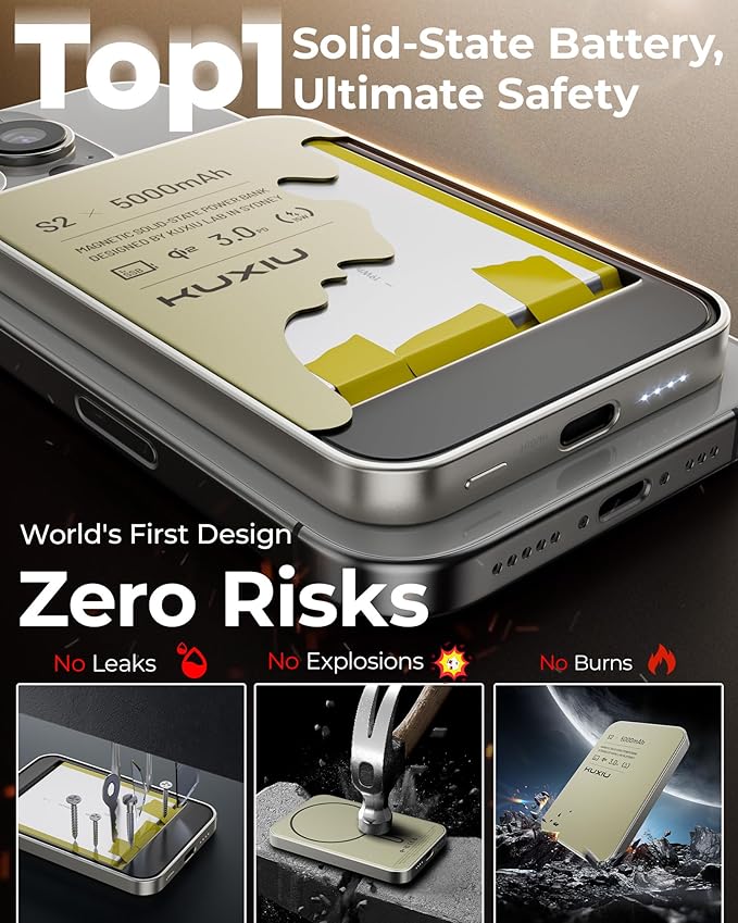 Solid-State Portable Charger for Mag-Safe, 0.39" Ultra Slim Qi2-Certified 15W Magnetic Wireless Power Bank, 5000mAh 20W Fast Charging Battery Pack for iPhone 16/15/14/13/12 Series Only-Titanium