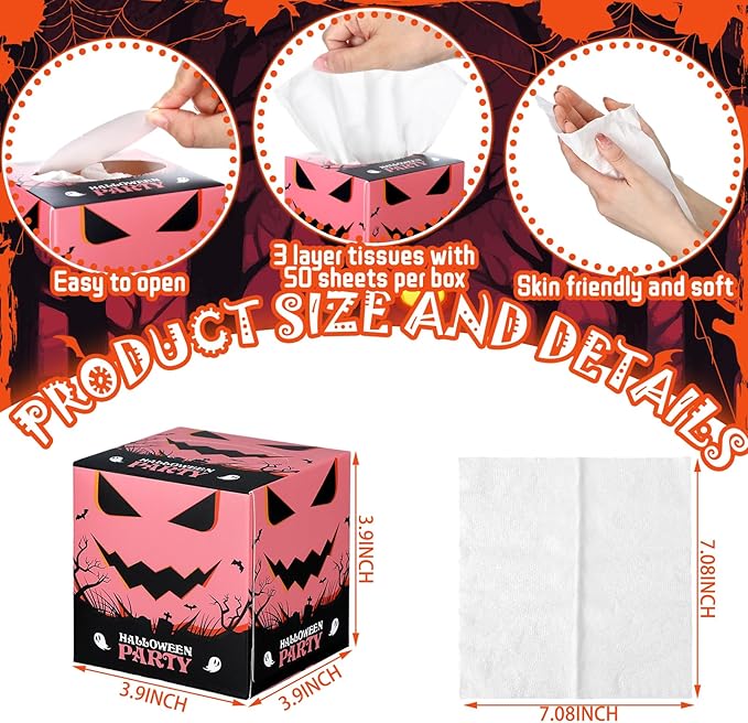 12 Pack Halloween Facial Tissues Cube Face Boxes 600 Sheets 3 Ply Small Ghost Square Tissues Bulk for Halloween Party Car Bedroom Supplies