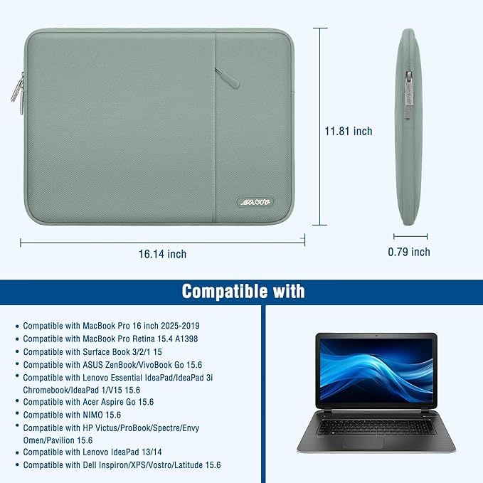 MOSISO Laptop Case 16 inch, 15-15.6 inch Laptop Sleeve Compatible with MacBook Pro 16 M4 M3 M2 M1, HP Acer Dell Lenovo ASUS Notebook, Polyester Vertical Computer Sleeve Bag with Pocket, Antique Green