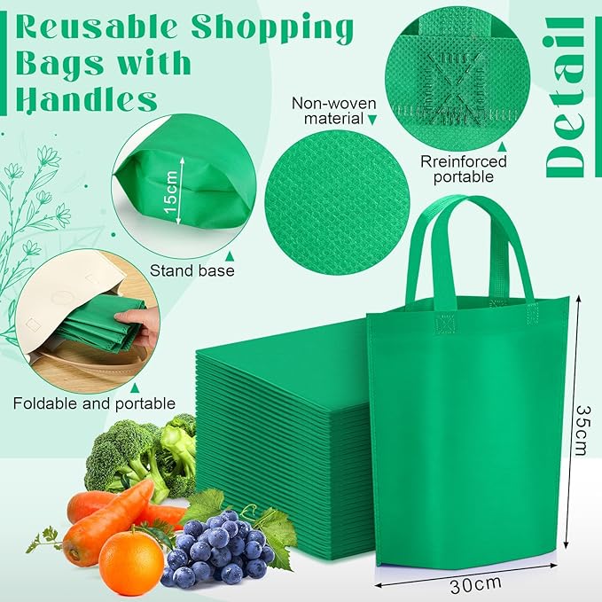 Windyun Reusable Grocery Bags Large Non Woven Shopping Bags with Handle Foldable Portable Tote Carryall Bulk 11.8x6x13.8 Inch