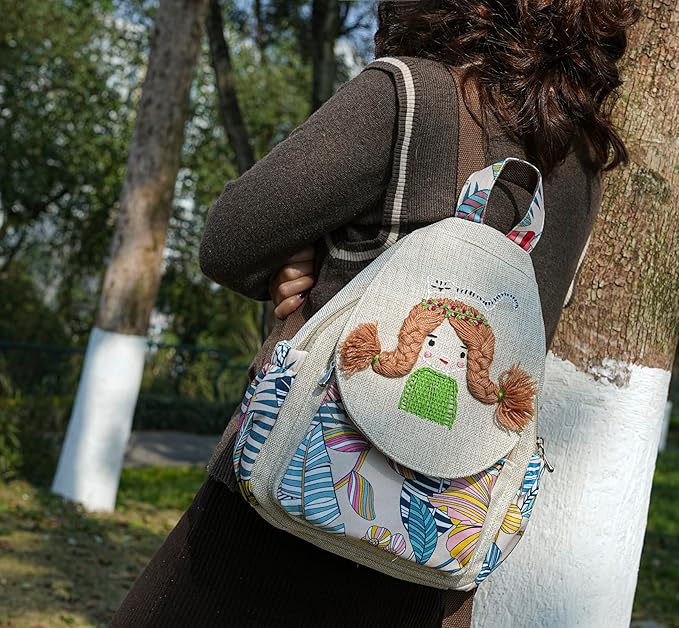 HUANGGUOSHU Women Cotton Woven Bohemian Hemp Boho Canvas Embroidery Multi Pocket Retro Cute Backpack Wallet Backpack Little girl and dog watch the sea