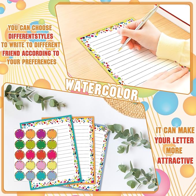 TaoBary 160 Pcs Stationery Paper Set 50 Double Sided Stationery Papers with 50 Matching Envelopes and 60 Round Dot Sticker, 10 Design(Polka Dot,8.5 x 11 Inch)