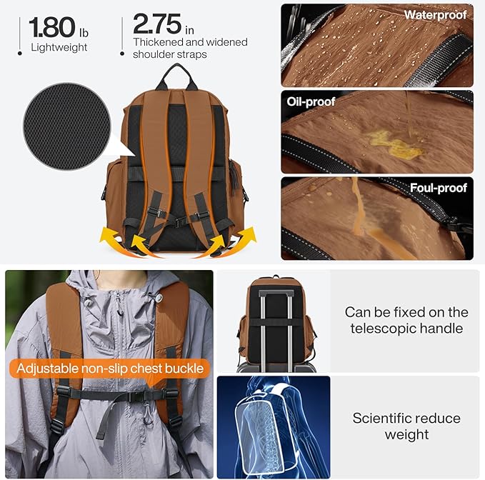 mixi Travel Backpack for Women Men, 18 Inch Carry On Laptop Backpack Flight Approved fits 16'' Laptop, Lightweight Waterproof Hiking Backpack Travel Outdoor Business Casual Daypack, Brown