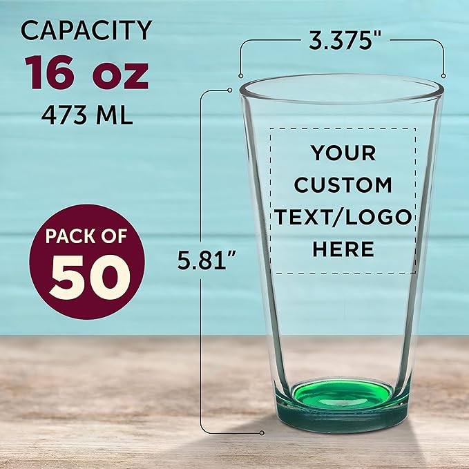 Custom Arc Pint Glass 16 oz. Set of 50, Personalized Bulk Pack - Beer Glasses, Heavy Duty Drinkware - Green
