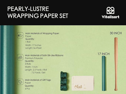 Vitalizart Green Wrapping Paper Set 17" Pearly-Lustre With Silk Like Satin Ribbon & Gift Tags Recyclable Eco-Friendly Christmas Gift Wrapping Birthday Baby Shower Wedding Handmade Crafts 197"(16.4 Ft)