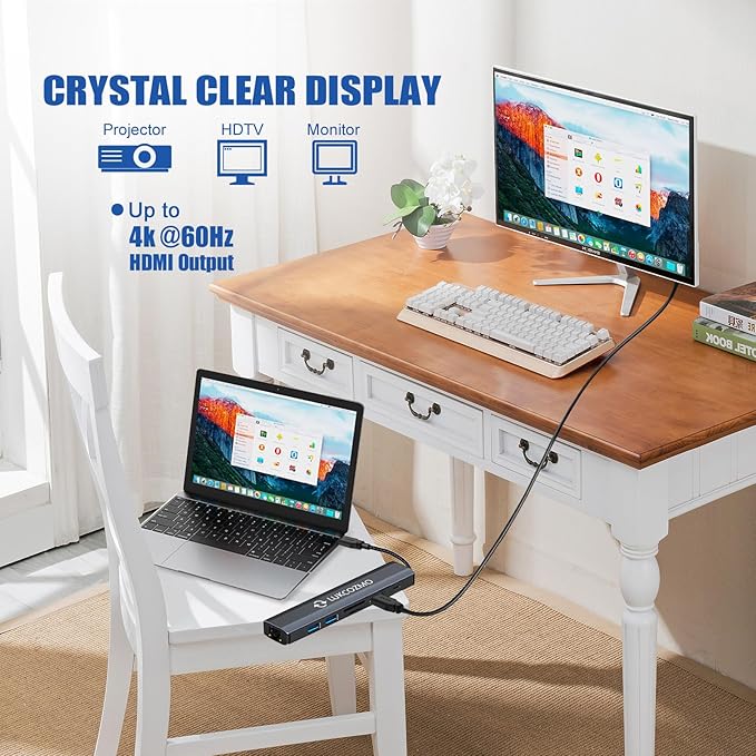 USB Hub 3.0, 7 in 1 USB Hub with 1000M Ethernet, 4K HDMI, 2 USB3.0, 100W PD, SD/TF Card Reader Docking Station Compatible with Your Cell Phone MacBook/Dell/HP/Surface/Lenovo/Steam Deck