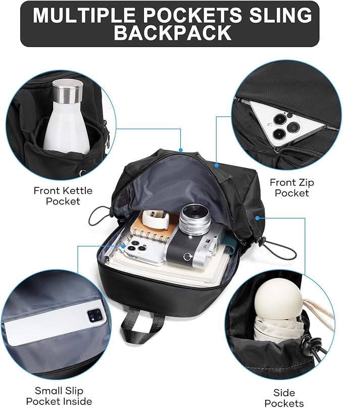 Black Sling Crossbody Bag for Men Women, Tactical Backpack Shoulder Daypack Mini Anti-Theft Cross Body Motorcycle Chest Bags, Small One Strap Fanny Back Pack for Casual Travel Hiking Sport Gym