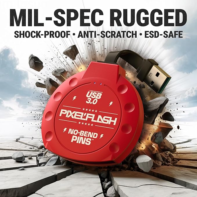 PixelFlash CF Card Reader (Red) - Compact Flash Memory Card Adapter with Cabled USB 3.0, 5GB/s File Transfer, No-Bend Pins, Supports UDMA-7, Anti-Slip & Anti-Scratch, Compatible to Most Brands & OS