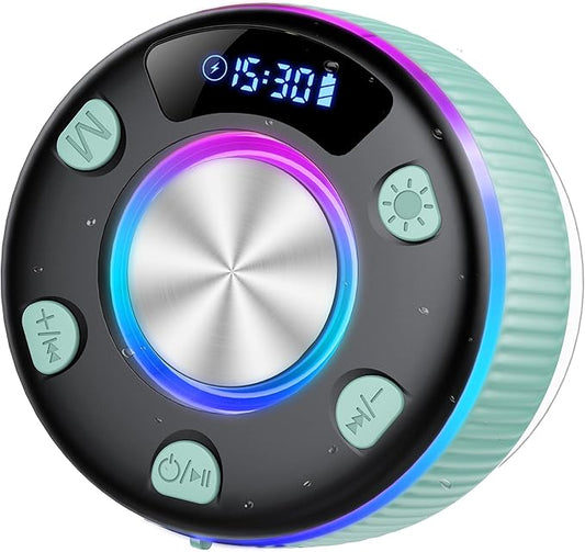 Bluetooth Shower Speaker, Portable Bluetooth 5.3 Speakers Wireless with Time Display, IP7 Waterproof Speakers with RGB Light, Suction Cup, Mini Stereo Speaker for Bathroom Party Beach Outdoor, Green