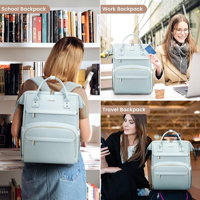 LOVEVOOK Leather Laptop Backpack for Women 15.6 inch,Travel Backpack Purse Nurse Teacher Backpack Computer Laptop Bag,Professional College Business Work Bags Carry On Backpacks with USB Port,Pink Blue